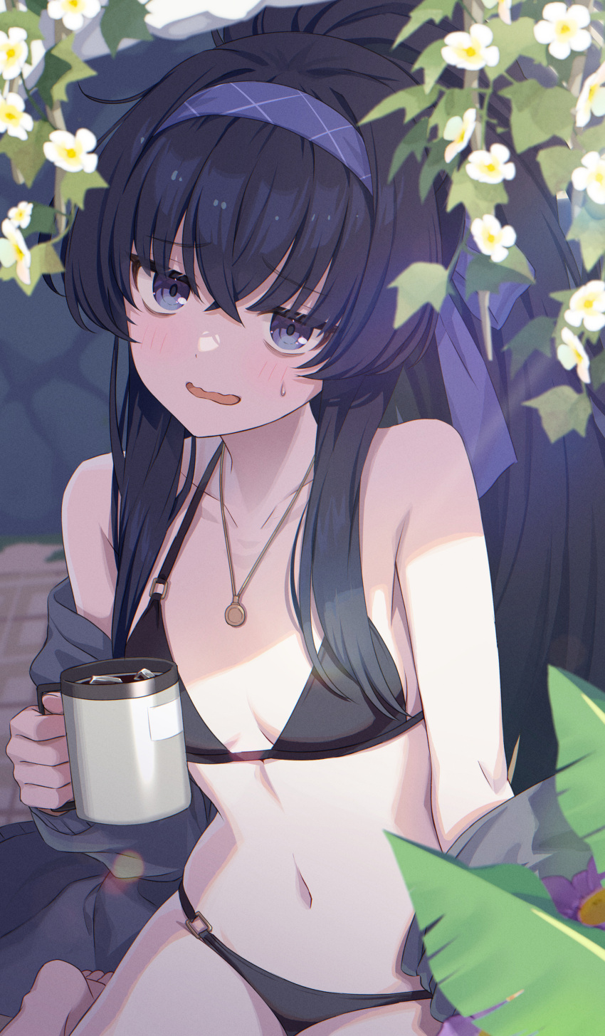 1girl absurdres barefoot bikini black_bikini black_hair blue_archive blue_eyes blue_hairband blush breasts collarbone cup flower hair_over_breasts hairband highres holding holding_cup jewelry leaf long_hair momomoi_momoi navel official_alternate_costume open_mouth pendant small_breasts solo swimsuit ui_(blue_archive) ui_(swimsuit)_(blue_archive) white_flower