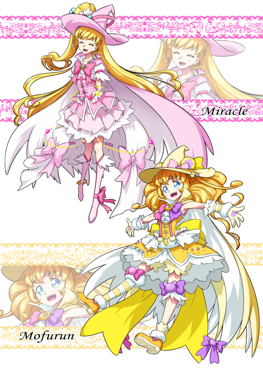 2girls :d absurdres adapted_costume alternate_costume asahina_mirai asymmetrical_legwear blonde_hair blue_eyes boots bow cape character_name closed_eyes commentary_request cure_miracle cure_mofurun dress earrings eyelashes frilled_dress frills hair_ornament happy hat high_ponytail high_side_ponytail highres jewelry large_hat long_hair looking_at_viewer magical_girl mahou_girls_precure! matatabi_(karukan222) medium_hair mofurun_(mahou_girls_precure!) multiple_girls open_mouth pink_bow pink_cape pink_dress ponytail precure puffy_short_sleeves puffy_sleeves short_sleeves side_ponytail smile staff standing wand witch witch_hat wrist_cuffs yellow_cape yellow_dress