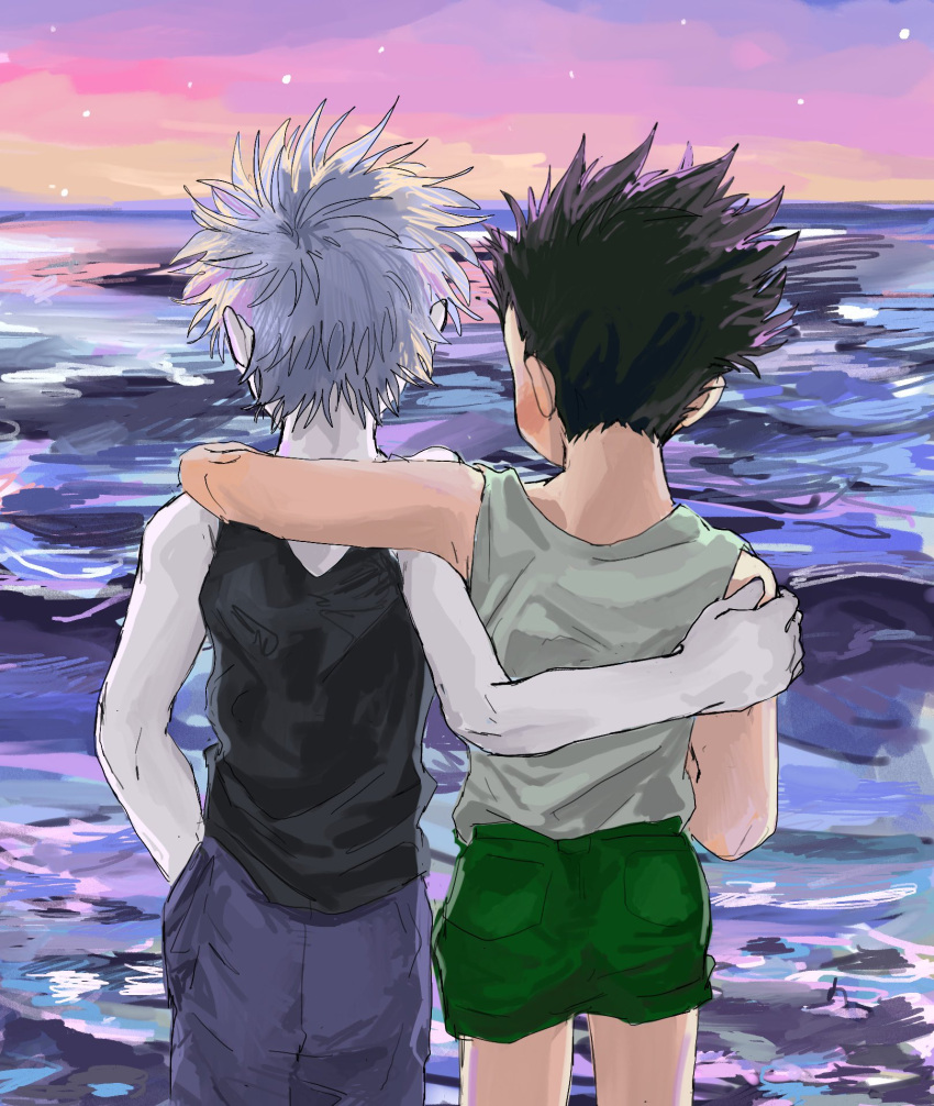 186x6 2boys bare_shoulders black_hair from_behind gon_freecss green_shorts hand_on_another's_shoulder highres hunter_x_hunter killua_zoldyck looking_afar male_child male_focus multiple_boys ocean outdoors shirt short_hair shorts sleeveless spiked_hair white_hair white_shirt