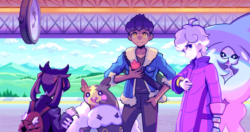 1girl 2boys backpack bag bede_(pokemon) blue_jacket closed_mouth cloud coat collarbone commentary curly_hair dark-skinned_male dark_skin day dynamax_band ffccll fur-trimmed_jacket fur_trim gloves green_bag hand_in_pocket hatterene highres holding holding_phone hop_(pokemon) jacket long_sleeves marnie_(pokemon) morpeko morpeko_(full) multiple_boys open_clothes open_jacket pants phone pokemon pokemon_(creature) pokemon_(game) pokemon_swsh purple_coat purple_hair red_bag rotom rotom_phone shirt short_hair single_glove sky sleeves_past_elbows sleeves_rolled_up smile twintails watch wooloo wristwatch yellow_eyes