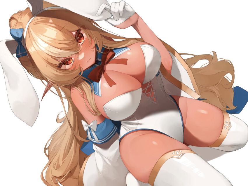 1girl adapted_costume animal_ears bare_shoulders blonde_hair blush bow bowtie breasts cleavage cross-laced_leotard dark-skinned_female dark_skin detached_collar detached_sleeves elf embarrassed fake_animal_ears gloves groin hairband half_gloves highleg highleg_leotard highres hololive kneeling large_breasts leotard long_hair looking_at_viewer mikukana133 multicolored_hair playboy_bunny plunging_neckline pointy_ears ponytail rabbit_ears red_bow red_bowtie red_eyes shiranui_flare shiranui_flare_(1st_costume) simple_background skindentation solo streaked_hair sweatdrop thighhighs virtual_youtuber white_background white_gloves white_hairband white_leotard white_sleeves white_thighhighs wide_sleeves