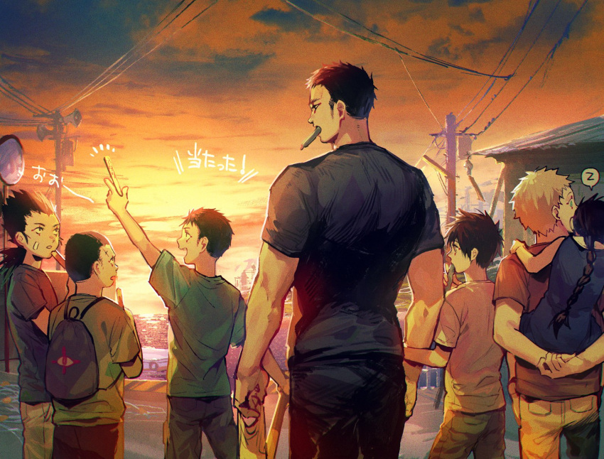 black_hair carrying character_request city cloud dokuga dorohedoro eye_tattoo food food_in_mouth highres holding_another's_arm kai_(dorohedoro) motion_lines multiple_boys orange_sky outdoors panco piggyback popsicle popsicle_in_mouth short_hair sideburns sky spoken_zzz sunset tetsujo translation_request zzz