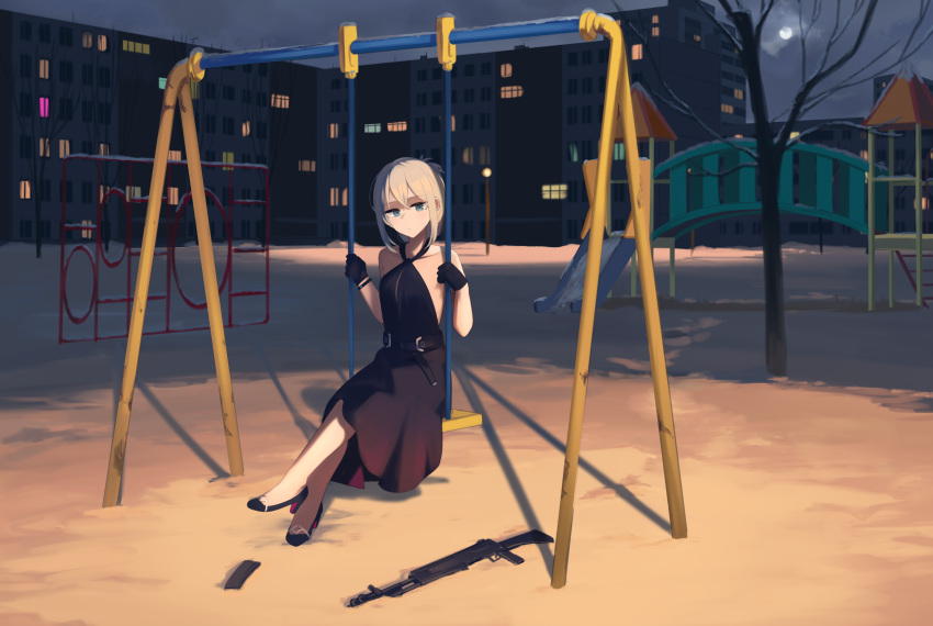 1girl an-94 an-94_(girls'_frontline) an-94_(silent_rouge)_(girls'_frontline) aqua_eyes assault_rifle bare_shoulders black_dress black_footwear blonde_hair breasts closed_mouth collarbone crossed_legs dress girls'_frontline gun hair_ornament high_heels highres hinami047 long_hair looking_at_viewer magazine_(weapon) official_alternate_costume rifle russia scenery sitting sky sleeveless sleeveless_dress small_breasts snow solo weapon weapon_on_floor winter