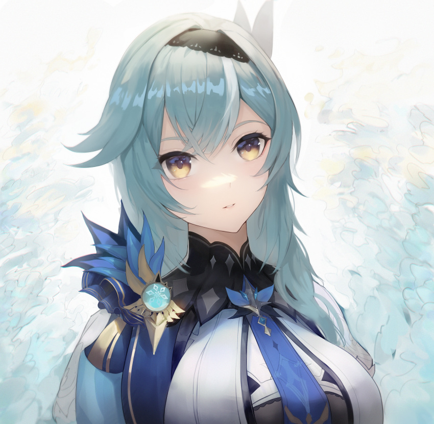 1girl absurdres black_hairband blue_feathers blue_hair blue_necktie blue_ribbon breasts cryo_symbol_(genshin_impact) eula_(genshin_impact) feathers genshin_impact gold_trim hairband highres ice jumpsuit large_breasts looking_at_viewer medium_hair necktie ribbon solo two-tone_shirt white_jumpsuit yellow_eyes yonesdraws