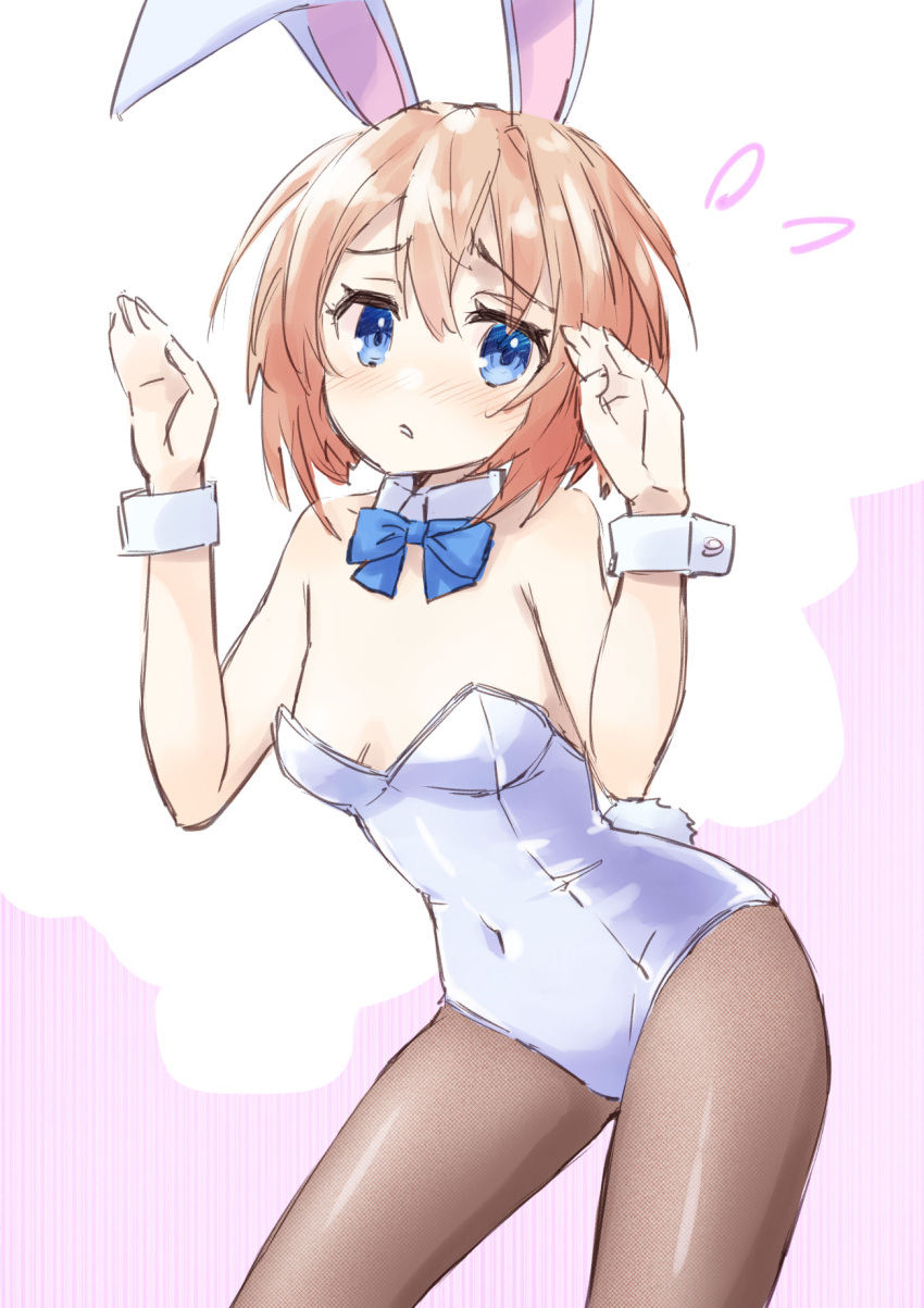 1girl alternate_costume animal_ears arms_up blanc_(neptune_series) blue_bow blue_bowtie bow bowtie breasts brown_pantyhose commentary_request cowboy_shot detached_collar fake_animal_ears fake_tail highres kow0117 leotard neptune_(series) oversized_breast_cup pantyhose playboy_bunny rabbit_ears rabbit_tail sketch small_breasts solo strapless strapless_leotard tail white_leotard wrist_cuffs