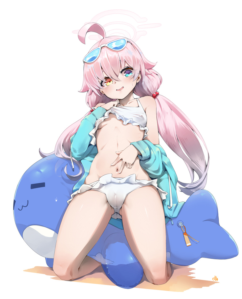 1girl ahoge ass_visible_through_thighs bare_legs bare_shoulders bikini blue-tinted_eyewear blue_archive blue_eyes blue_jacket breasts cameltoe commentary_request eyewear_on_head frilled_bikini frills full_body hair_bobbles hair_ornament halo heterochromia highres hoshino_(blue_archive) hoshino_(swimsuit)_(blue_archive) inflatable_toy inflatable_whale jacket keyfanjun kneeling long_hair looking_at_viewer low_twintails navel official_alternate_costume pink_hair pink_halo simple_background small_breasts solo spread_navel sunglasses swimsuit tinted_eyewear twintails white-framed_eyewear white_background white_bikini yellow_eyes