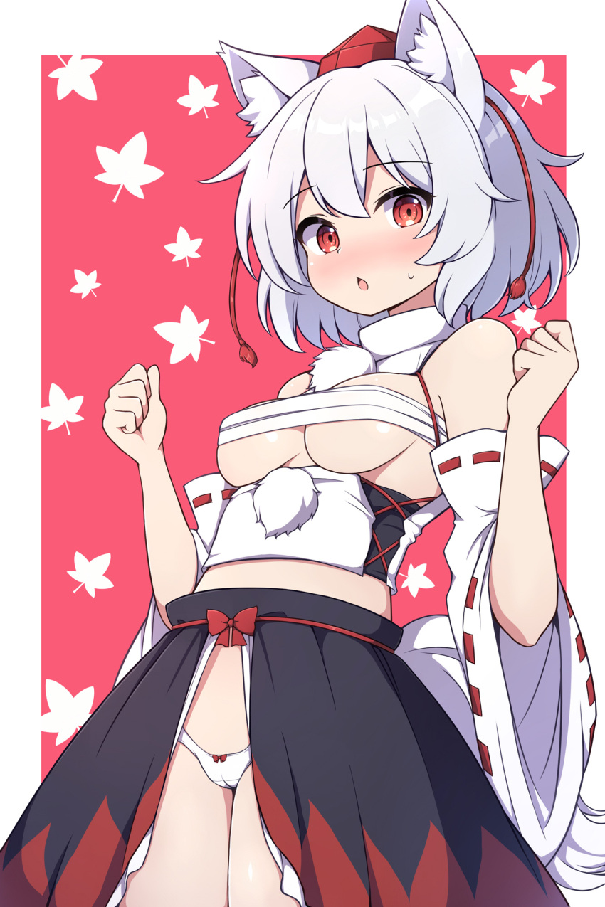 1girl animal_ears bare_shoulders black_skirt blush breasts detached_sleeves grey_hair hair_between_eyes highres inubashiri_momiji large_breasts open_mouth panties pom_pom_(clothes) red_eyes revealing_clothes ribbon-trimmed_sleeves ribbon_trim rizento short_hair skirt solo tail touhou underwear white_panties wide_sleeves wolf_ears wolf_tail