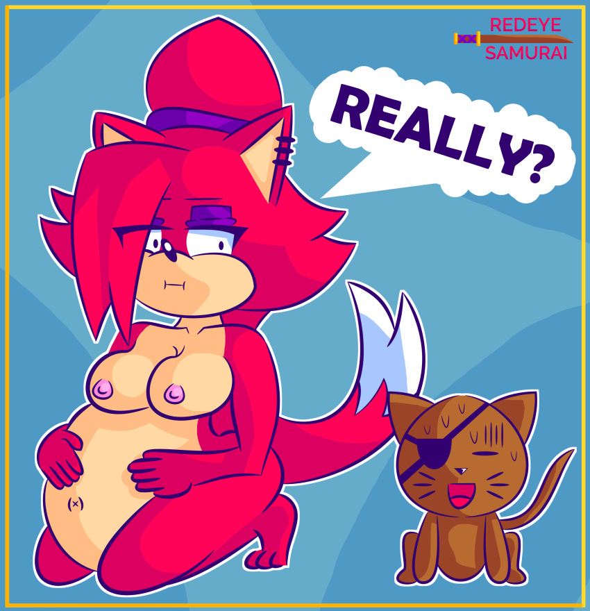absurd_res anthro asami_the_cat belly belly_expansion belly_inflation big_breasts breasts cat_tail digital_media_(artwork) duo ear_piercing expansion fan_character feet female hair hi_res humanoid impregnate impregnation impregnation_kink inflation nipples piercing red_body redeye_samurai_(artist) sega serious serious_face simple_background sonic_the_hedgehog_(series) speech_bubble tail text worried worried_face worried_look