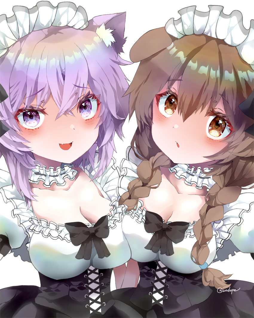 2girls 2ndope absurdres animal_ear_fluff animal_ears black_bow blush bow breasts brown_eyes brown_hair cat_ears cat_girl cleavage collar dog_ears dog_girl frilled_collar frilled_sleeves frills hair_bow highres hololive inugami_korone large_breasts long_hair looking_at_viewer maid maid_headdress medium_hair multiple_girls nekomata_okayu open_mouth purple_hair short_sleeves smile virtual_youtuber white_collar