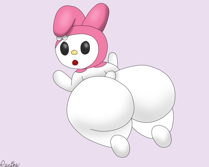 big_butt butt butt_focus female hi_res huge_butt lagomorph looking_at_viewer lying mammal my_melody on_front onegai_my_melody pink_background pink_hood reathe sanrio simple_background solo surprised_expression thick_thighs white_body
