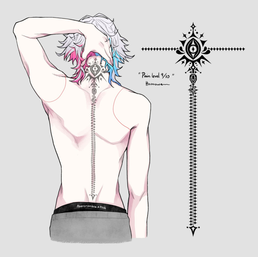 1boy arm_up back back_tattoo blue_hair english_commentary english_text from_behind gavis_bettel grey_background grey_hair grey_pants highres holostars holostars_english makiei male_focus male_underwear medium_hair multicolored_hair pale_skin pants pink_hair sketch solo tattoo underwear upper_body virtual_youtuber white_male_underwear