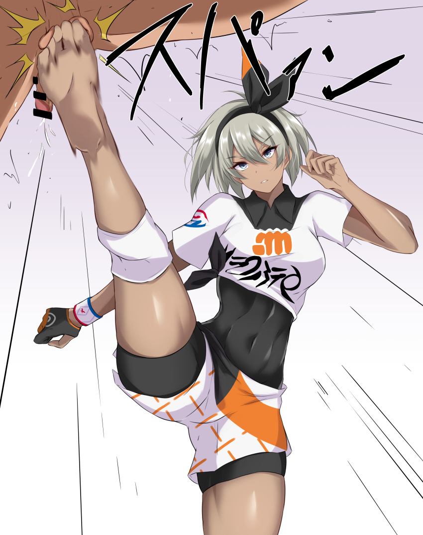 1boy 1girl absurdres bar_censor barefoot bdsm bea_(pokemon) black_hairband blue_eyes breasts cbt censored commentary_request covered_navel crop_top dark_skin femdom gradient_background grey_background grey_hair hair_between_eyes hairband head_tilt highres kicking knee_pads large_breasts penis pokemon pokemon_(game) pokemon_swsh shirt short_hair short_shorts short_sleeves shorts solo_focus standing standing_on_one_leg thighs watarase_piro white_background white_shirt white_shorts