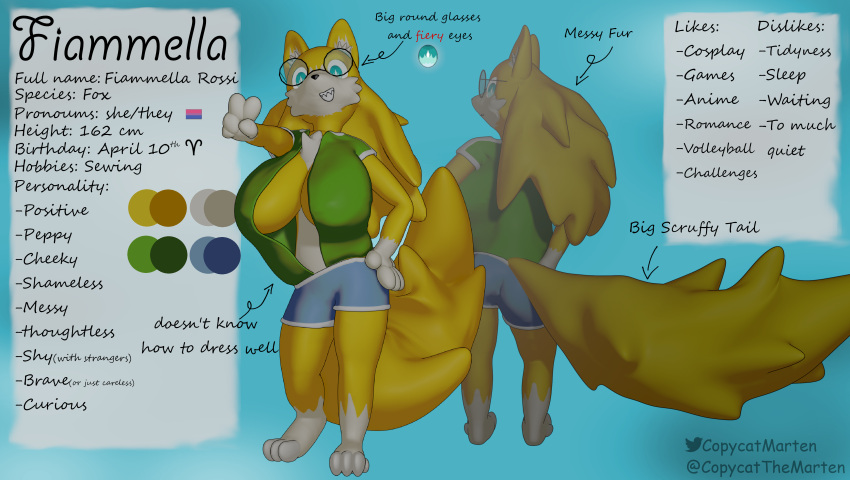 3d_(artwork) absurd_res anthro big_breasts big_tail breasts canid canine clothed clothing copycatthemarten digital_media_(artwork) eyewear female fiammella fox glasses hair hi_res long_hair mammal model_sheet solo tail