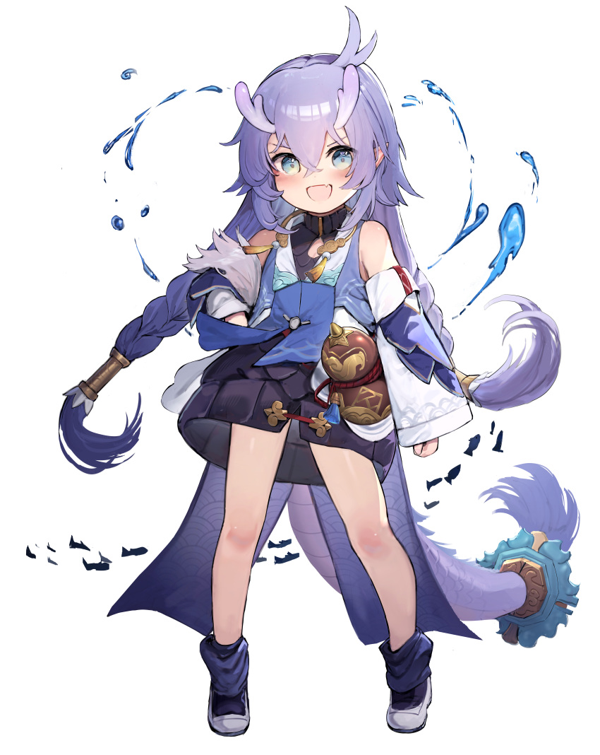 1girl :d absurdres bailu_(honkai:_star_rail) bare_legs bare_shoulders blue_eyes blue_footwear braid child commentary crossed_bangs detached_sleeves dragon_girl dragon_horns dragon_tail dress english_commentary fang female_child full_body gourd hair_between_eyes hair_tubes highres honkai:_star_rail honkai_(series) horns long_hair long_sleeves looking_at_viewer open_mouth purple_hair short_dress simple_background skin_fang sleeveless sleeveless_dress sleeves_past_wrists smile solo somray standing tachi-e tail twin_braids white_background