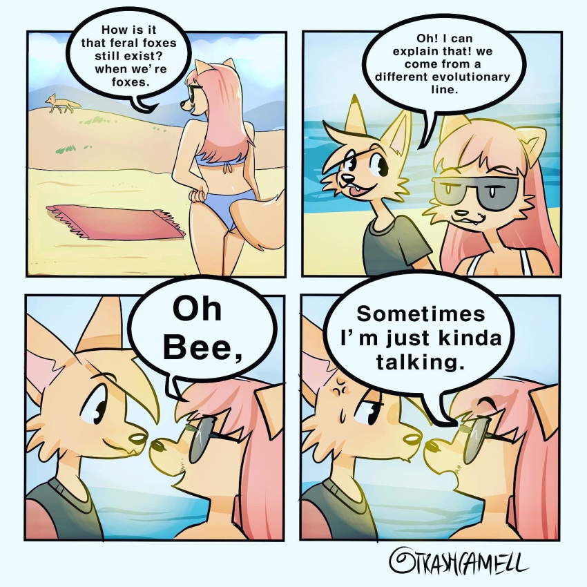 annoyed anthro beach beach_towel bee_(trashcamell) bikini bodily_fluids brother_(lore) brother_and_sister_(lore) canid canine clothed clothing comic cross-popping_vein dialogue duo eyewear facial_hair fangs female feral fox hair head_tuft hi_res humanoid_hands humor jj_(trashcamell) long_hair male mammal nature nonbinary_(lore) open_mouth sea seaside shirt sibling_(lore) sister_(lore) smile summer sunglasses sweat swimwear tail tail_tuft talking_to_another teeth topwear towel trashcamell tuft water
