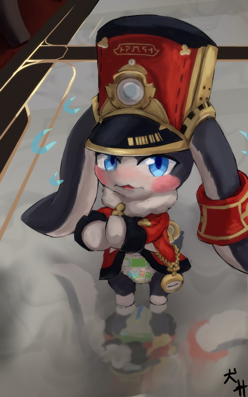 absurd_res ambiguous_gender anthro blush clock clothing coat conductor diaper hat headgear headwear hi_res honkai:_star_rail inside lagomorph leporid long_ears looking_at_viewer looking_up mammal mihoyo nappywolf pocketwatch pom-pom_(honkai:_star_rail) rabbit smile solo standing topwear train vehicle watch