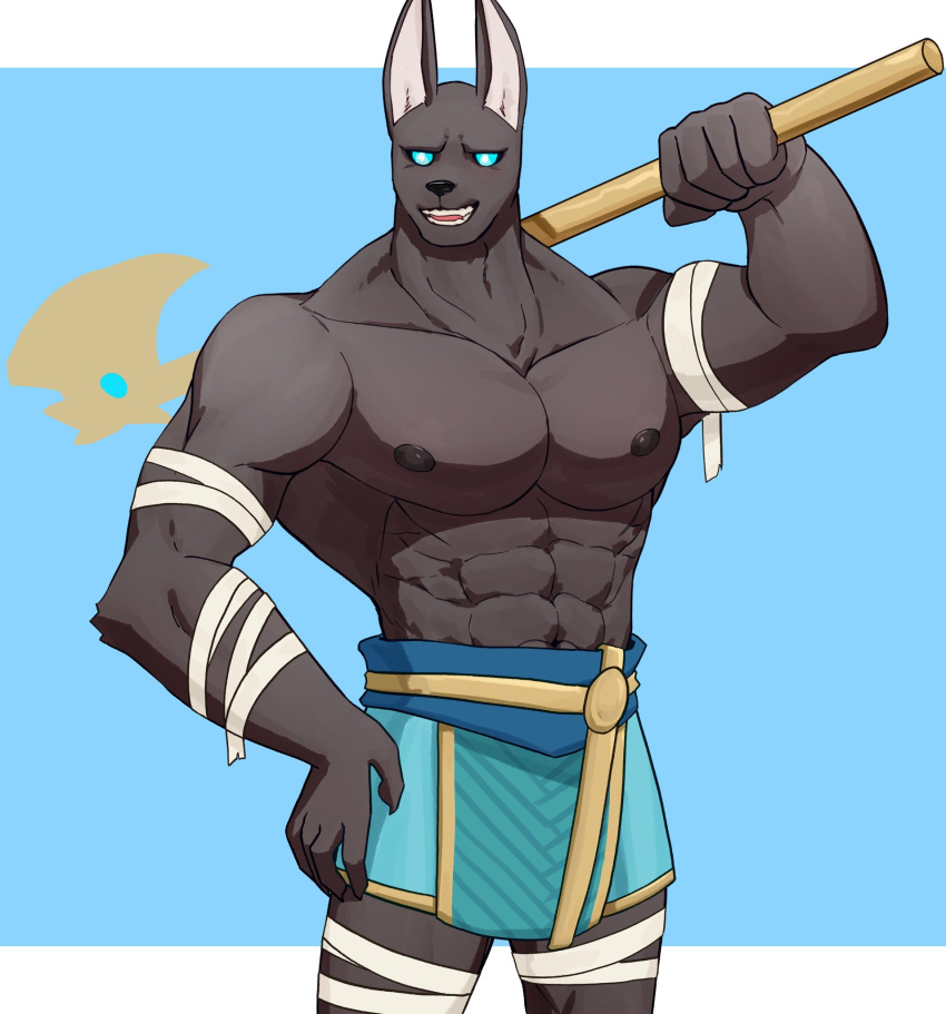 abs anthro anubian_jackal axe bandage biceps black_body blue_eyes canid canine canis clothed clothing digital_media_(artwork) hi_res humanoid jackal league_of_legends looking_at_viewer male mammal muscular muscular_anthro muscular_male nasus_(lol) nipples open_mouth pecs riot_games simple_background smile solo warwickislovely