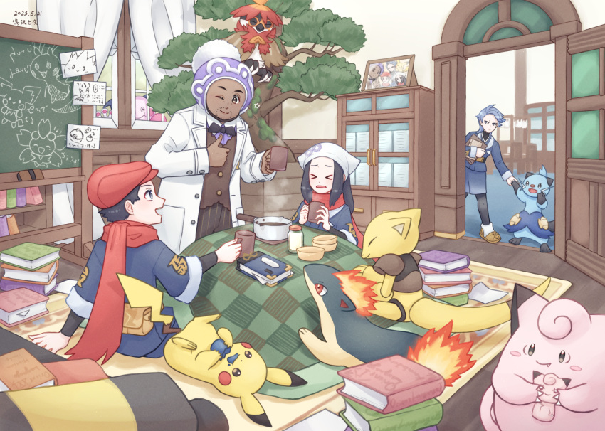 2boys 2girls abra akari_(pokemon) beanie black_shirt blush_stickers book bookshelf bow bowl bowtie brown_vest chalkboard clefairy coat commentary_request cup cyllene_(pokemon) dewott facial_hair grey_jacket hat highres hisuian_decidueye holding holding_cup jacket laventon_(pokemon) logo mr._mime mug multiple_boys multiple_girls narusawa_byakuya open_clothes open_coat pants pikachu pokemon pokemon_(creature) pokemon_(game) pokemon_legends:_arceus purple_headwear quilava red_headwear red_scarf rei_(pokemon) scarf shirt standing steam stubble vest