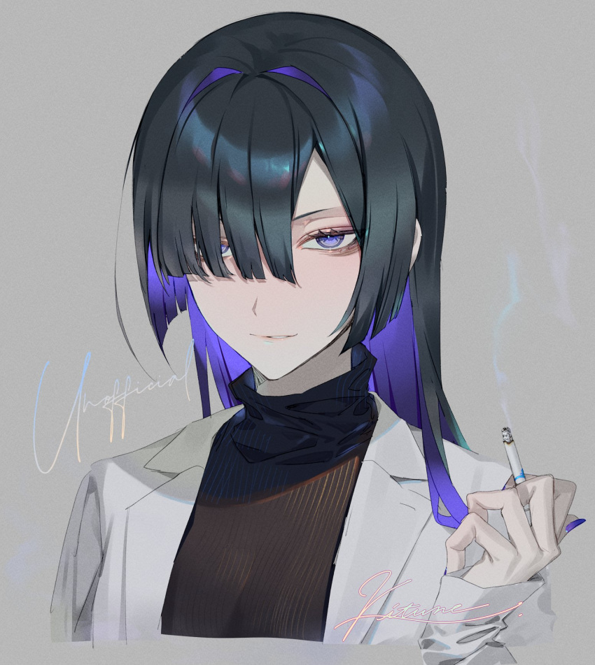 1girl a.i._voice bags_under_eyes black_hair black_sweater blunt_bangs cigarette coat colored_inner_hair colored_smoke commentary cropped_torso cursive grey_background hair_over_one_eye hair_over_shoulder hand_up highres holding holding_cigarette kitsune_ncv lab_coat long_hair long_sleeves looking_at_viewer multicolored_hair open_clothes open_coat parted_lips purple_eyes purple_hair purple_nails ribbed_sweater sidelocks signature smirk smoke_trail solo sweater symbol-only_commentary turtleneck turtleneck_sweater white_coat yogatari_tobari