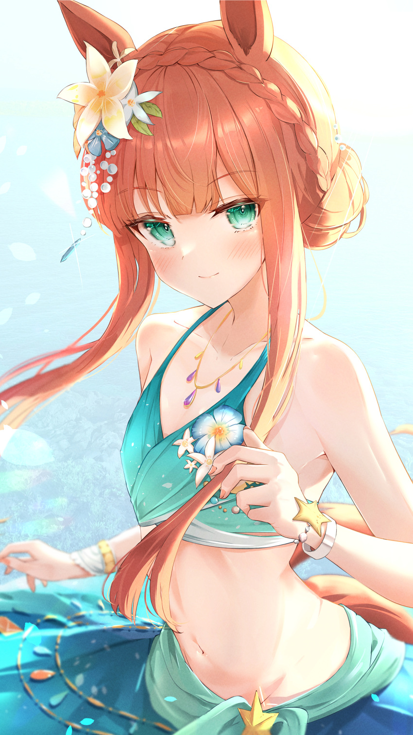 1girl absurdres animal_ears aqua_eyes bare_shoulders bikini blue_bikini blunt_bangs blunt_ends blush braid breasts cleavage closed_mouth collarbone commentary crown_braid ear_flower flower flower_on_chest groin hair_bun hair_flower hair_ornament highres horse_ears horse_girl long_hair looking_at_viewer navel official_alternate_costume official_alternate_hairstyle orange_hair ribs sarong sidelocks silence_suzuka_(emerald_on_the_waves)_(umamusume) silence_suzuka_(umamusume) single_side_bun sky_cappuccino small_breasts smile solo stomach summer's_sunlight_fades_to_blue_(umamusume) swimsuit umamusume upper_body wristband