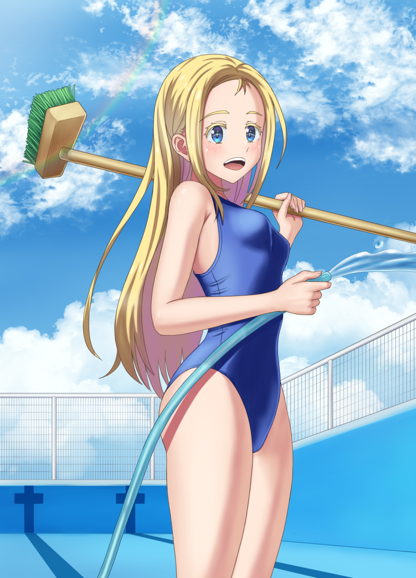 1girl absurdres blonde_hair blue_eyes blue_one-piece_swimsuit blue_sky breasts chain-link_fence cleaning_brush cloud competition_school_swimsuit cowboy_shot day empty_pool fence forehead highres hose kofune_ushio kyouji44288608 long_hair one-piece_swimsuit open_mouth outdoors pool school_swimsuit sky small_breasts solo summertime_render swimsuit very_long_hair water