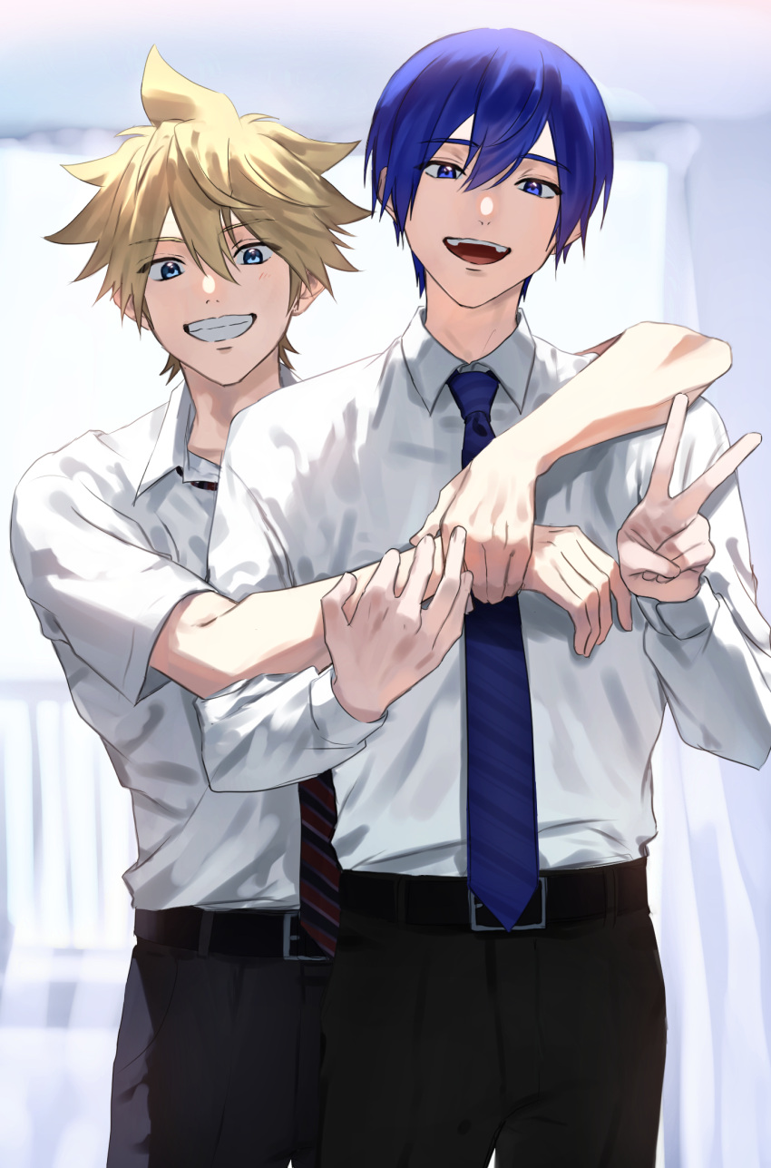 2boys belt blonde_hair blue_eyes blue_hair blue_necktie facing_viewer grin hair_between_eyes happy highres holding_another's_arm holding_another's_wrist hug hug_from_behind kagamine_len kaito_(vocaloid) looking_at_viewer male_focus multiple_boys necktie open_mouth pants school_uniform shirt short_hair simple_background smile spiked_hair standing teeth tetorutti35 v vocaloid white_shirt