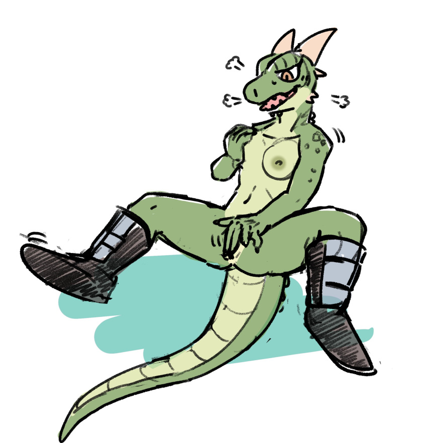 anthro argonian bethesda_softworks boots boots_only breast_grab breasts clothing female fingering fingering_self footwear footwear_only green_body green_scales hand_on_breast hi_res horn masturbation mostly_nude nude reclining reptile scales scalie sketch solo the_elder_scrolls vaginal vaginal_fingering vaginal_masturbation