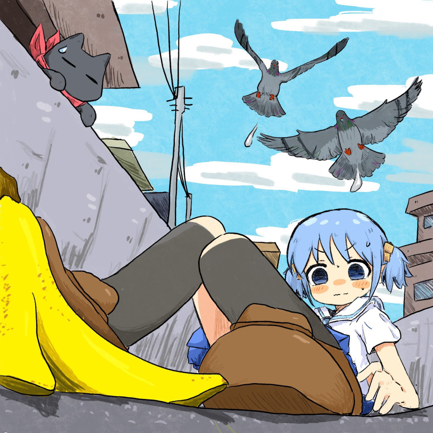 1girl animal banana_peel bird bird_droppings blue_eyes blue_hair blush bubbacterial cat cube_hair_ornament day frown hair_ornament highres loafers naganohara_mio nichijou on_ground outdoors perspective pigeon pleated_skirt sakamoto_(nichijou) school_uniform serafuku shoes short_hair skirt sky socks solo sweat twintails v-shaped_eyebrows wavy_mouth