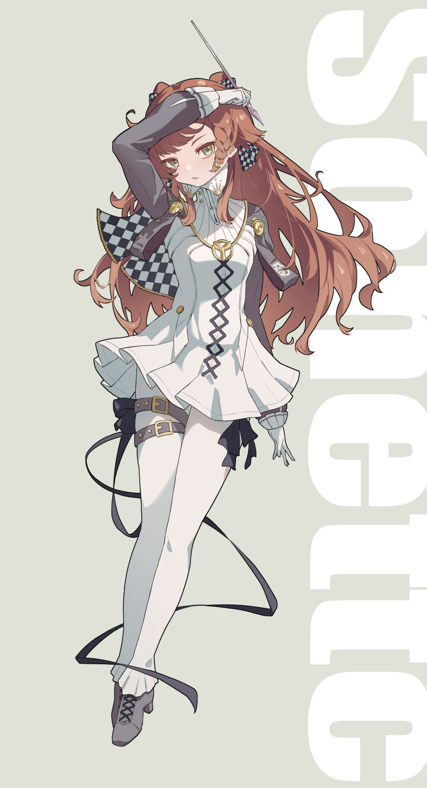 1girl absurdres belt black_ribbon bow breasts brown_hair character_name checkered_bow checkered_clothes collared_dress commentary_request dress gloves green_eyes hair_bow head_tilt high_collar high_heels highres holding holding_pen leg_ribbon long_hair long_sleeves nib_pen_(object) pants pen reverse:1999 ribbon shrug_(clothing) small_breasts solo sonetto_(reverse:1999) standing thigh_belt thigh_ribbon thigh_strap two_side_up white_dress white_gloves white_pants yorin_yoni