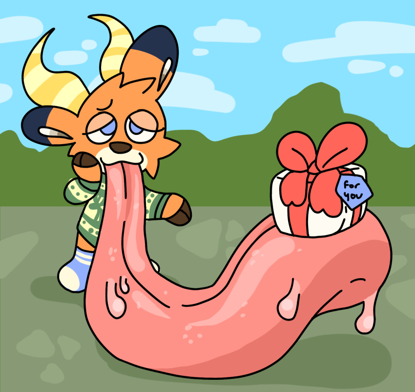 animal_crossing antelope beau_(animal_crossing) blue_eyes bovid clothing cloud footwear fur gift grass hi_res hooves horn hyper hyper_tongue long_tongue male mammal nintendo orange_body orange_fur pechaberry plant prehensile_tongue sky smile socks sweater tongue tongue_out topwear