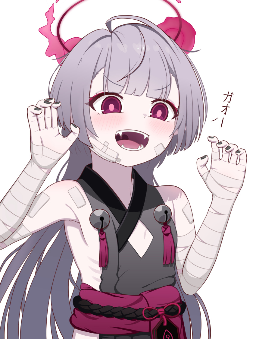 1girl absurdres bandaged_arm bandages bell black_nails blackness_(blackness661) blue_archive blush bright_pupils fangs fingernails flat_chest gauze gauze_on_cheek grey_hair halo hands_up highres japanese_clothes jingle_bell long_hair looking_at_viewer nail_polish obi open_mouth pink_pupils pointy_ears red_eyes red_halo ribs sash shuro_(blue_archive) simple_background skinny smile solo upper_body white_background