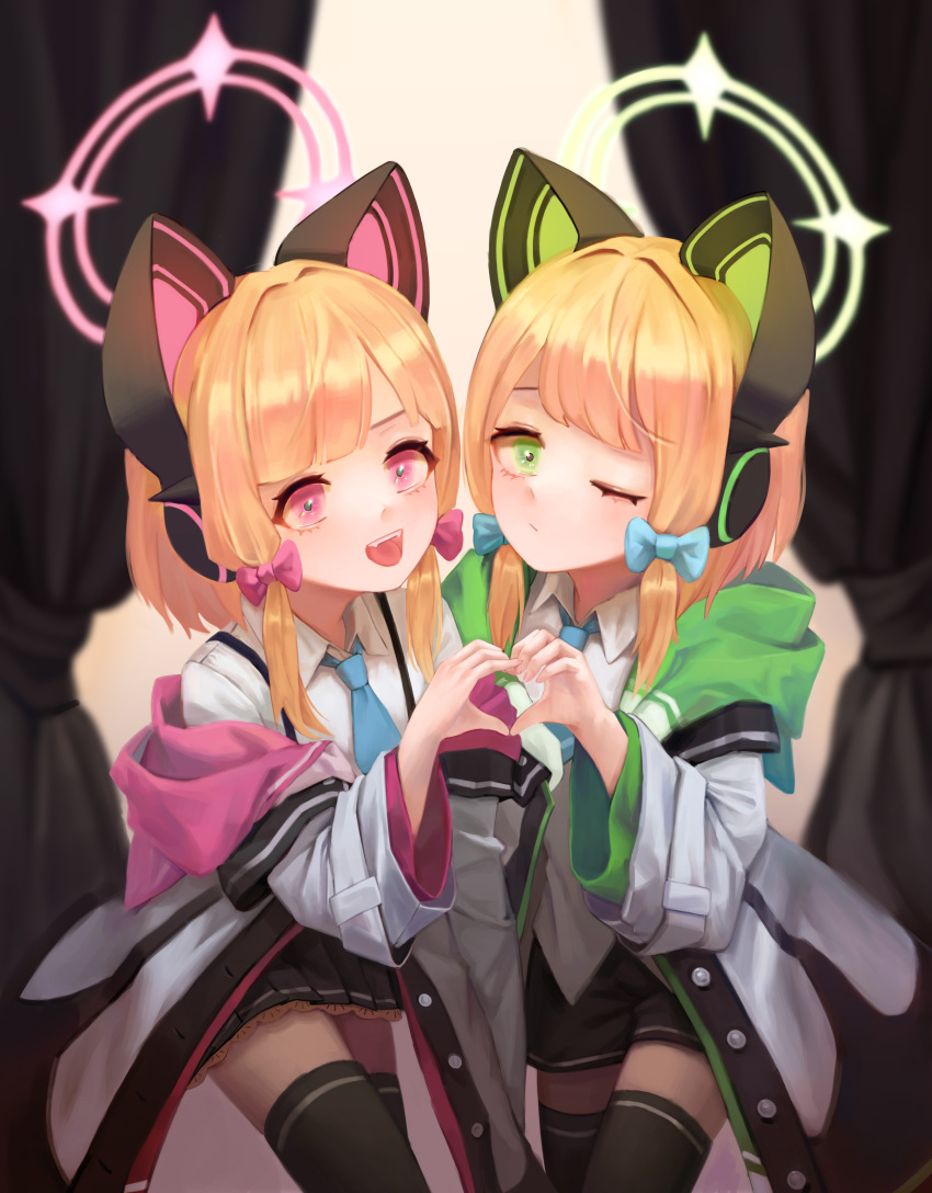 :d absurdres animal_ear_headphones animal_ears black_shorts black_skirt black_thighhighs blue_archive blue_necktie blunt_bangs blurry cat_ear_headphones coat collared_shirt commentary_request depth_of_field fake_animal_ears green_eyes hair_ribbon halo headphones heart heart_hands heart_hands_duo highres indoors leaning_forward long_sleeves looking_at_viewer midori_(blue_archive) momoi_(blue_archive) necktie one_eye_closed open_clothes open_coat orange_hair parted_bangs pleated_skirt purple_eyes ribbon school_uniform shirt short_hair short_shorts shorts siblings sidelocks skirt smile suspender_skirt suspenders thighhighs tress_ribbon twins white_coat white_shirt whonyang zettai_ryouiki