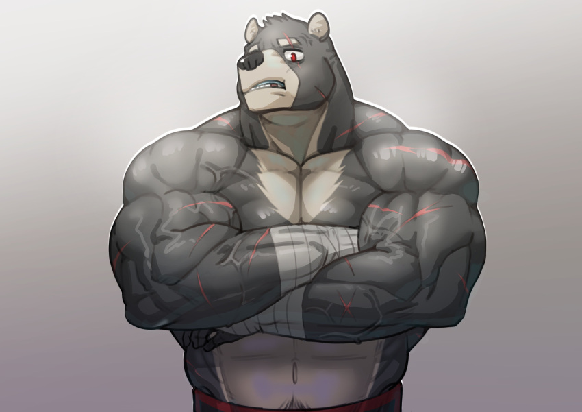 2021 abs absurd_res anthro arm_scar bear biceps black_bear black_body black_fur boxing_shorts cheek_scar clothed clothing crossed_arms deltoids eyebrow_scar facial_scar flexor_carpi fur gold_(metal) gold_tooth hi_res husky_(artist) koreanhusky male mammal multicolored_body multicolored_fur navel notched_eyebrow pecs pubes red_eyes scar shoulder_scar side_eye solo soonsky_ksk topless triceps two_tone_body two_tone_fur ursine vein veiny_muscles white_body white_fur wraps wrist_wraps