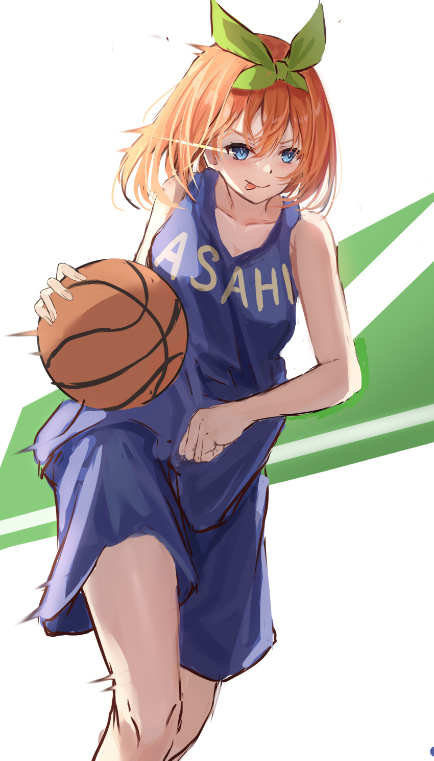 &gt;:) 1girl :p absurdres ball basket basketball_(object) blue_eyes blue_shirt blue_shorts blush clenched_hand closed_mouth clothes_writing commentary_request cowboy_shot eyelashes floating_hair go-toubun_no_hanayome green_ribbon hair_between_eyes hair_ribbon highres holding holding_ball looking_afar medium_hair motion_lines nakano_yotsuba orange_hair playing_sports raikun_raikun ribbon shirt shorts sidelighting sleeveless sleeveless_shirt smile solo sportswear standing tongue tongue_out v-shaped_eyebrows