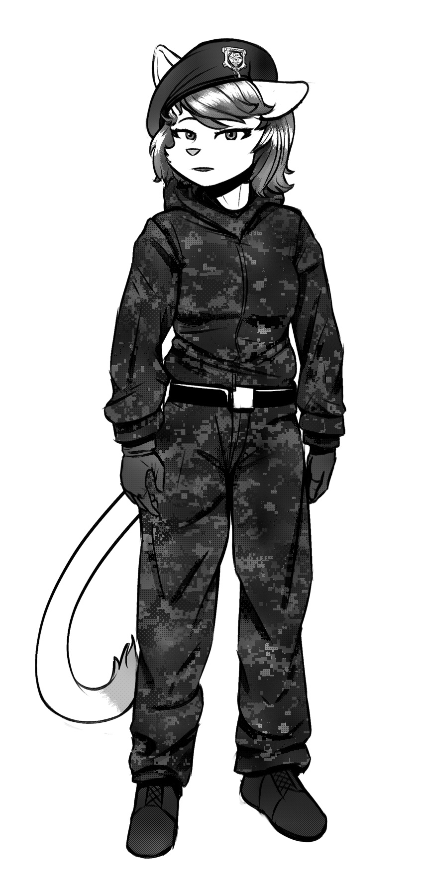 2022 absurd_res anthro black_and_white bottomwear callmewritefag camo camo_clothing camo_print cannelle_muscat clothed clothing cyberconnect2 digital_drawing_(artwork) digital_media_(artwork) domestic_cat felid feline felis female fuga:_melodies_of_steel fur hair headgear hi_res little_tail_bronx looking_at_viewer mammal mature_anthro mature_female monochrome pants pattern_clothing screentone shirt simple_background sketch solo topwear uniform