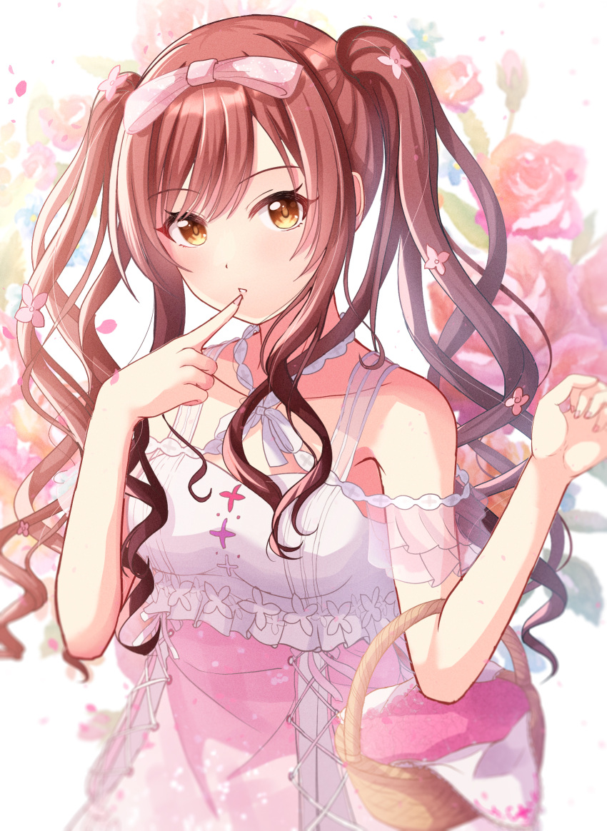 1girl bare_shoulders basket blush citrusmikan collarbone dress finger_to_mouth flower hair_ribbon highres idolmaster idolmaster_shiny_colors index_finger_raised long_hair looking_at_viewer off-shoulder_dress off_shoulder open_mouth osaki_amana petals red_hair ribbon rose solo swept_bangs twintails upper_body yellow_eyes