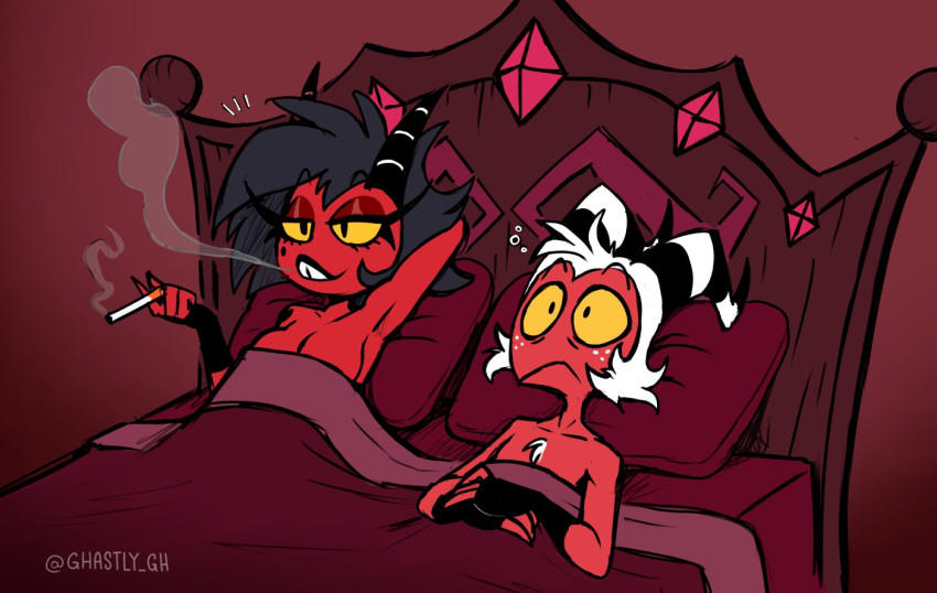 after_sex bed black_hair breasts cigarette cleavage clothed clothing curved_horn demon duo female fingerless_gloves freckles furniture ghastlygh gloves hair half-closed_eyes handwear helluva_boss horn humanoid imp lying lying_on_bed male millie_(helluva_boss) moxxie_(helluva_boss) narrowed_eyes on_back on_bed smile smirk smoking smoking_tobacco smug smug_face smug_grin tooth_gap white_hair wide_eyed yellow_sclera