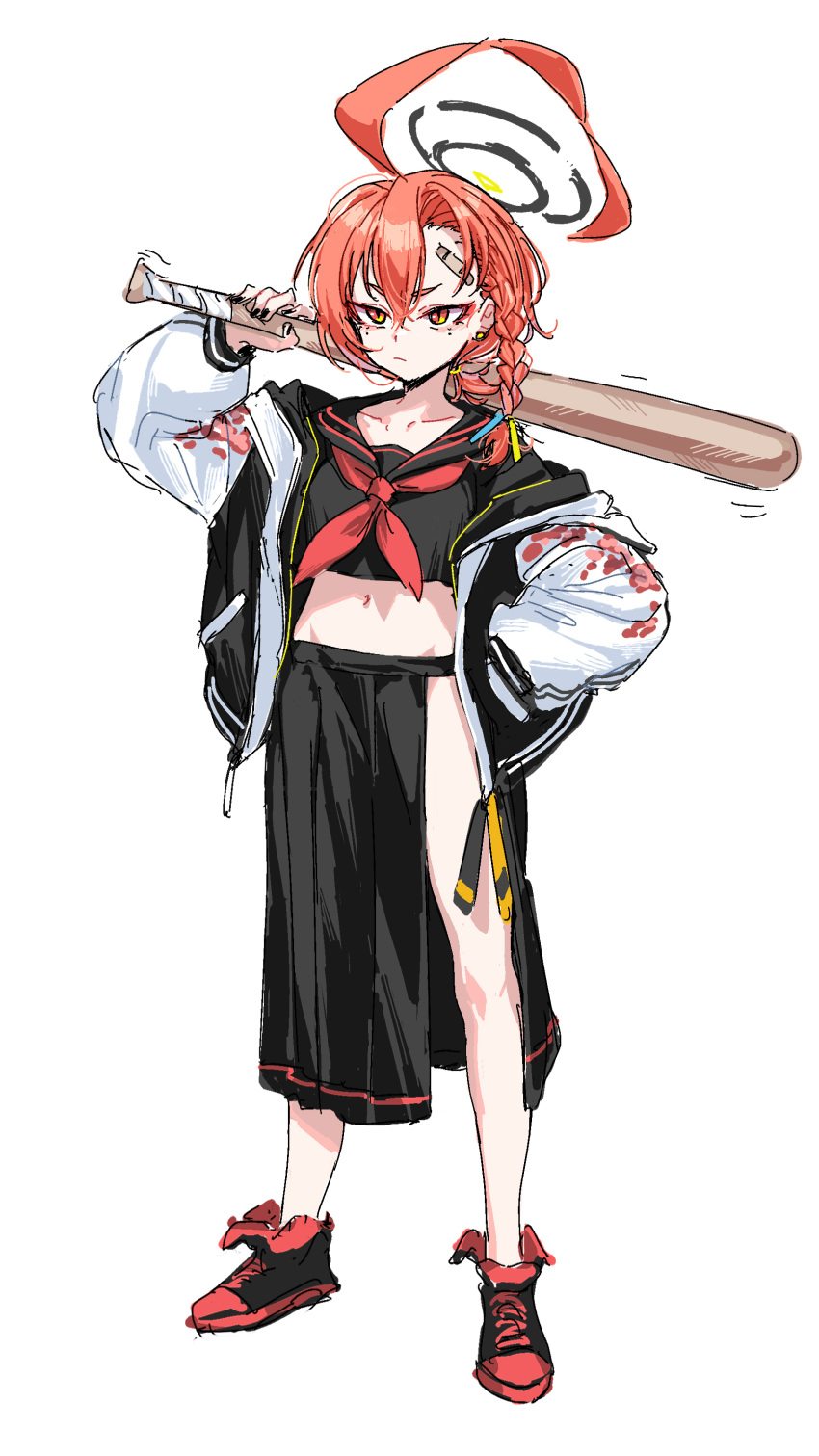 1girl absurdres ahoge alternate_costume bandaid bandaid_on_face bandaid_on_forehead baseball_bat black_serafuku blue_archive braid collarbone cropped_shirt full_body groin halo highres holding holding_baseball_bat jacket long_skirt navel neru_(blue_archive) orange_hair pleated_skirt school_uniform serafuku shoes side_slit simple_background single_braid skirt sneakers solo sukajan taotao white_background