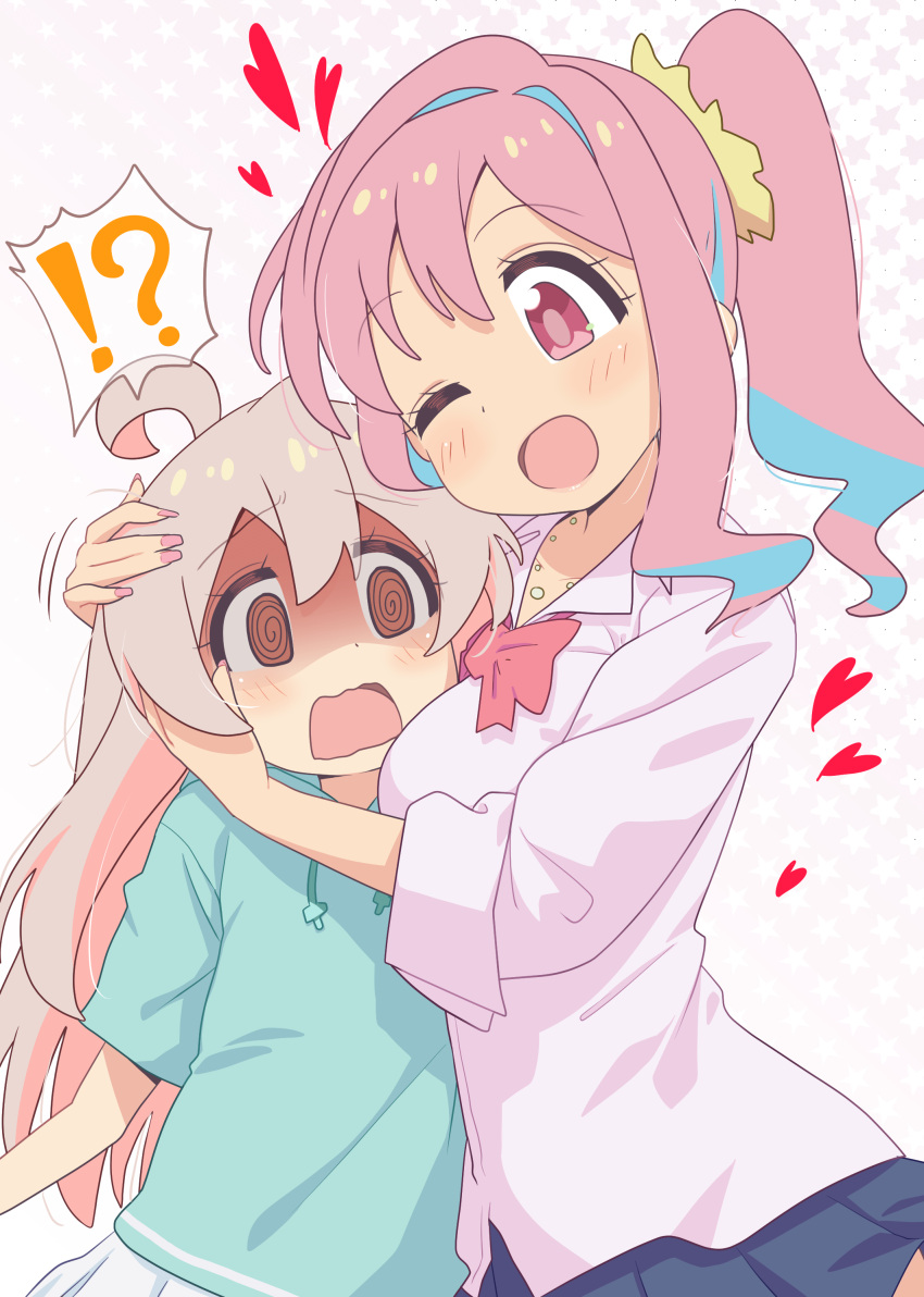 !? 2girls ;d @_@ absurdres ahoge blue_hair blue_skirt bow bowtie breasts brown_eyes commentary drawstring grey_hair hair_between_eyes hair_intakes heart highres hozuki_kaede hug jewelry large_breasts long_hair long_sleeves miniskirt multicolored_hair multiple_girls nail_polish necklace one_eye_closed onii-chan_wa_oshimai! oyama_mahiro pink_hair pink_nails red_bow red_bowtie red_eyes shaded_face shiina_excel shirt short_sleeves side_ponytail simple_background skirt sleeves_rolled_up smile starry_background two-tone_hair untucked_shirt white_shirt