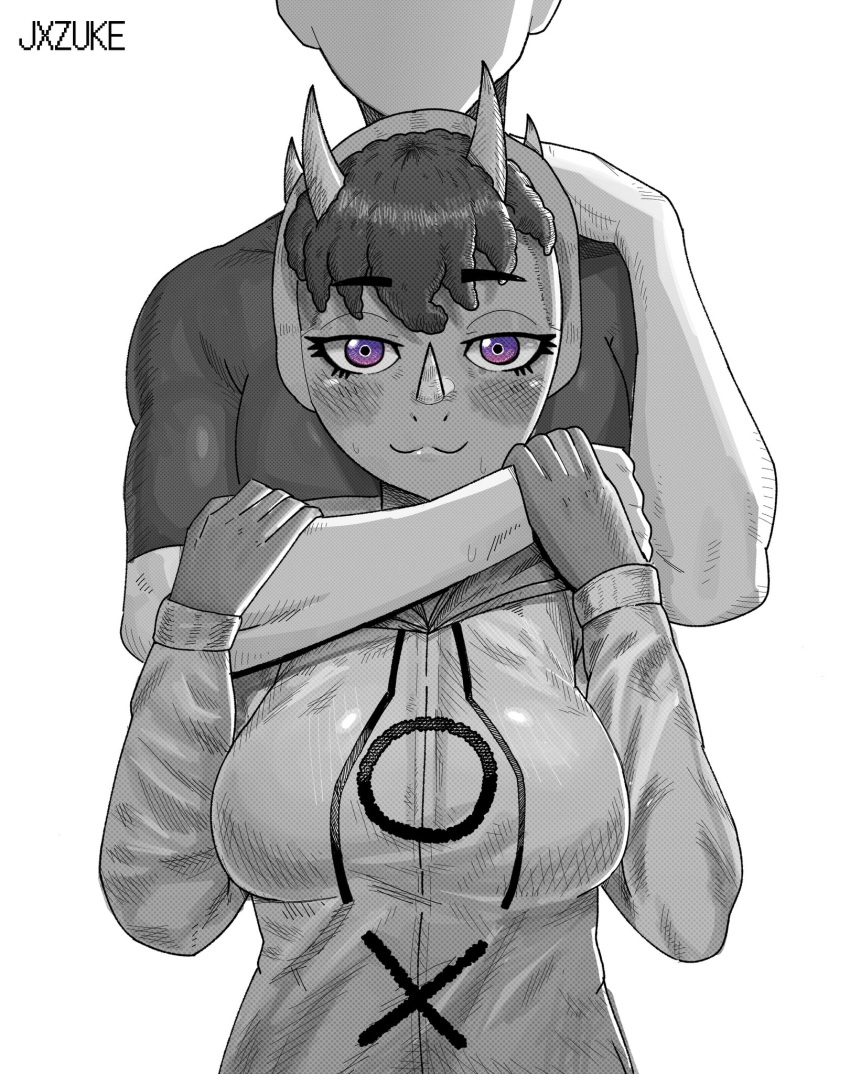 2023 3_horns anon_(snoot_game) anthro artist_name black_and_white blush bodily_fluids breasts ceratopsian clothing dinosaur duo embrace eyelashes faceless_character female fingers frill_(anatomy) goodbye_volcano_high hair hi_res hoodie horn hug hugging_from_behind human jxzuke looking_at_viewer male male/female mammal monochrome multi_horn ornithischian reptile scalie short_hair smile snoot_game_(fan_game) sweat topwear triceratops trish_(gvh) watermark