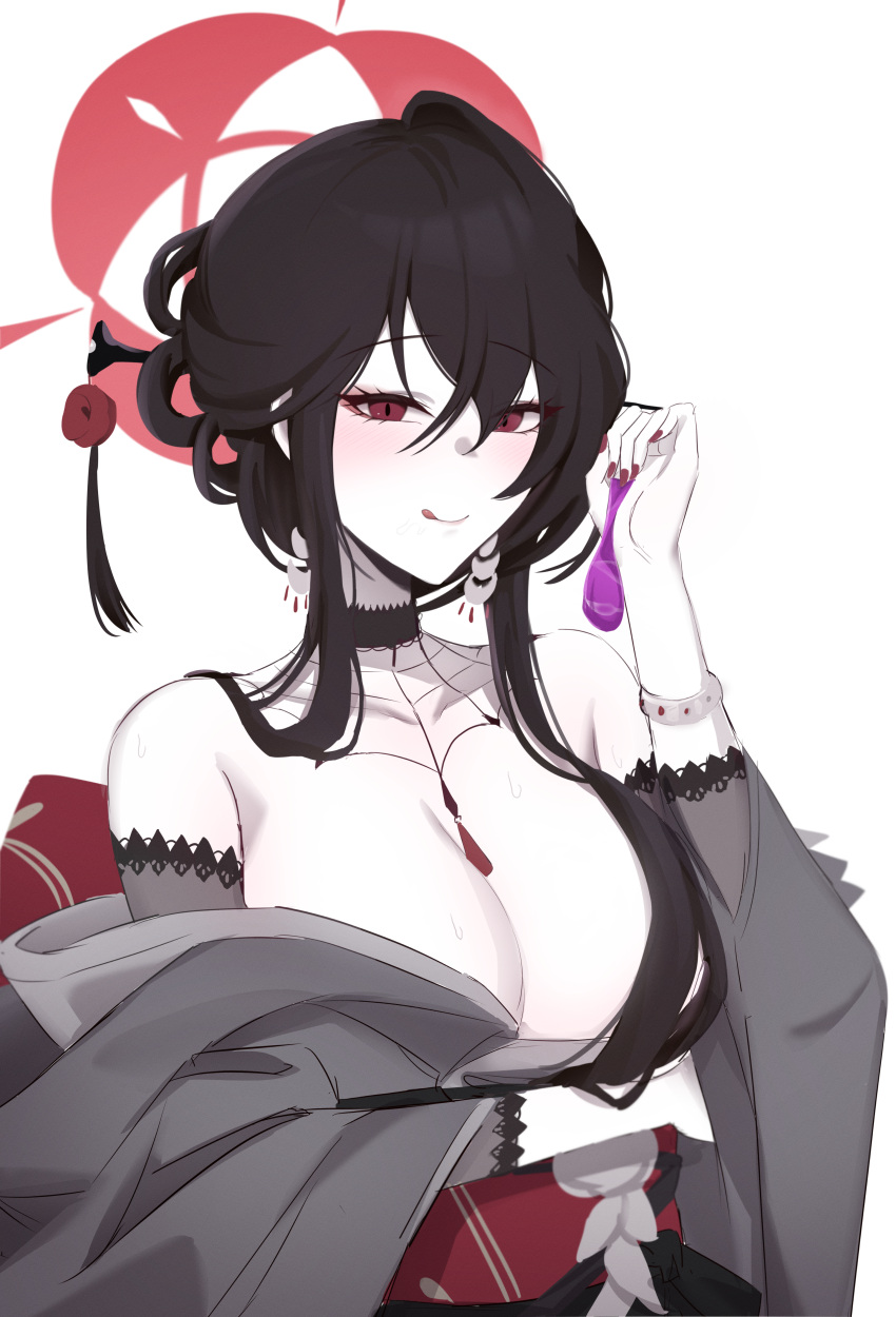 1girl :q absurdres bare_shoulders black_choker black_hair blue_archive breasts choker cleavage condom fingernails grey_kimono hair_between_eyes hair_ornament hair_stick halo highres holding holding_condom japanese_clothes kimono kisa_(leg3043) kokuriko_(blue_archive) large_breasts long_hair looking_at_viewer nail_polish obi red_eyes red_halo red_nails revision sash tongue tongue_out used_condom