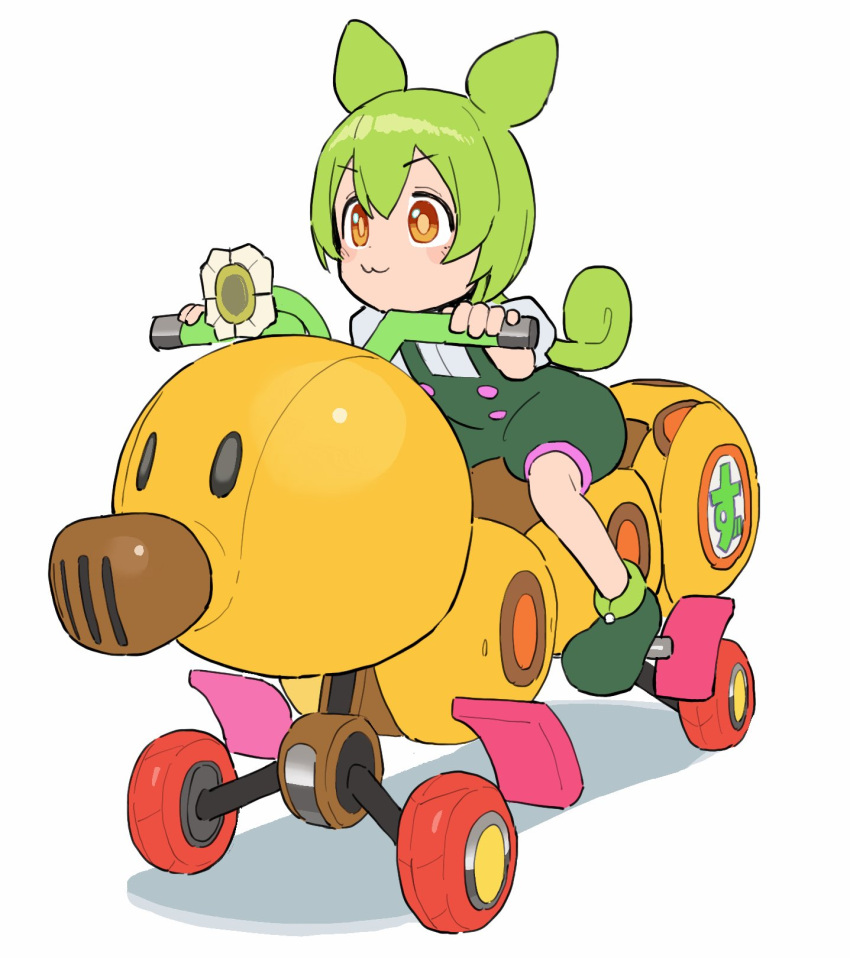 1girl :3 full_body green_footwear green_hair green_shorts highres long_hair mario_(series) mario_kart mario_kart_8 okepi orange_eyes riding shirt shoes short_sleeves shorts simple_background sitting solo suspender_shorts suspenders voiceroid white_background wiggler zundamon