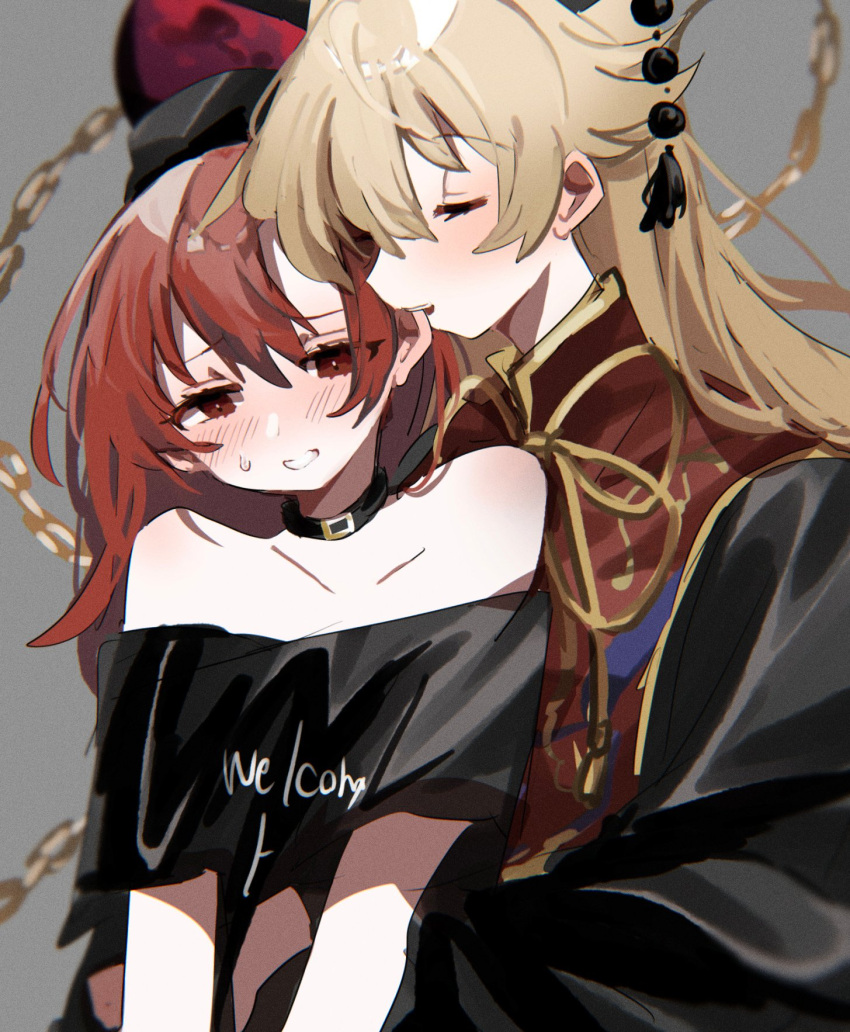 2girls ayahi_4 biting black_choker black_shirt blonde_hair blush bow chain chinese_clothes choker closed_eyes commentary ear_biting ear_blush gold_chain hecatia_lapislazuli highres junko_(touhou) long_hair looking_down medium_hair multiple_girls off-shoulder_shirt off_shoulder open_mouth polos_crown pom_pom_(clothes) red_eyes red_hair red_tabard shirt sweatdrop t-shirt tabard tassel touhou underworld_(ornament) yellow_bow yuri