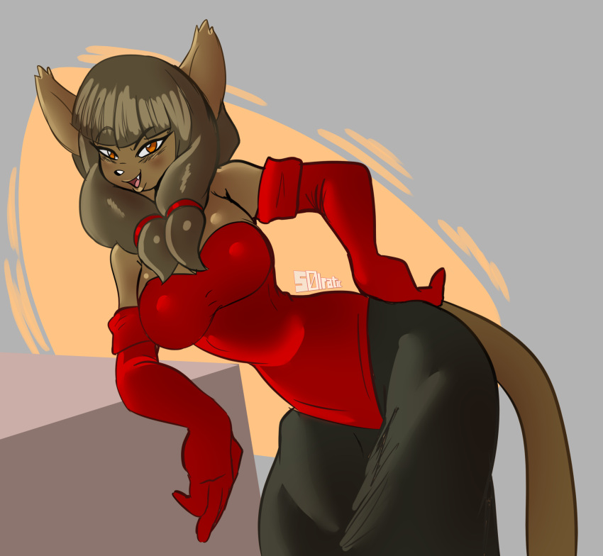 ankama anthro arm_support armwear blush breasts clothing domestic_cat dress elbow_gloves felid feline felis female gloves hand_on_hip handwear hi_res leaning leaning_on_object looking_at_viewer mammal miranda_(wakfu) solo solratic wakfu