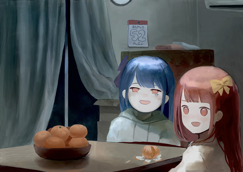 2girls absurdres air_conditioner blue_hair blunt_bangs bow box brown_sweater calendar_(object) cardboard_box commentary_request curtains food fruit fruit_bowl glass_door grey_hoodie hair_bow half-closed_eyes highres hood hood_down hoodie indoors kotatsu kotonoha_akane kotonoha_aoi kuuneru_engeizaa_(voiceroid) light_blush long_hair looking_at_viewer mandarin_orange multiple_girls night open_mouth orange_peel pink_eyes pink_hair purple_bow sad_smile siblings sidelocks sisters sweater table tearing_up under_kotatsu under_table upper_body voiceroid yaijima yellow_bow