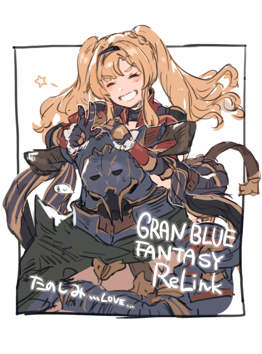 1boy 1girl blonde_hair cape closed_eyes collar commentary crossed_arms draph gauntlets gloves granblue_fantasy granblue_fantasy:_relink helmet highres horns shimatani_azu skirt smile star_(symbol) translated twintails v vaseraga zeta_(granblue_fantasy)