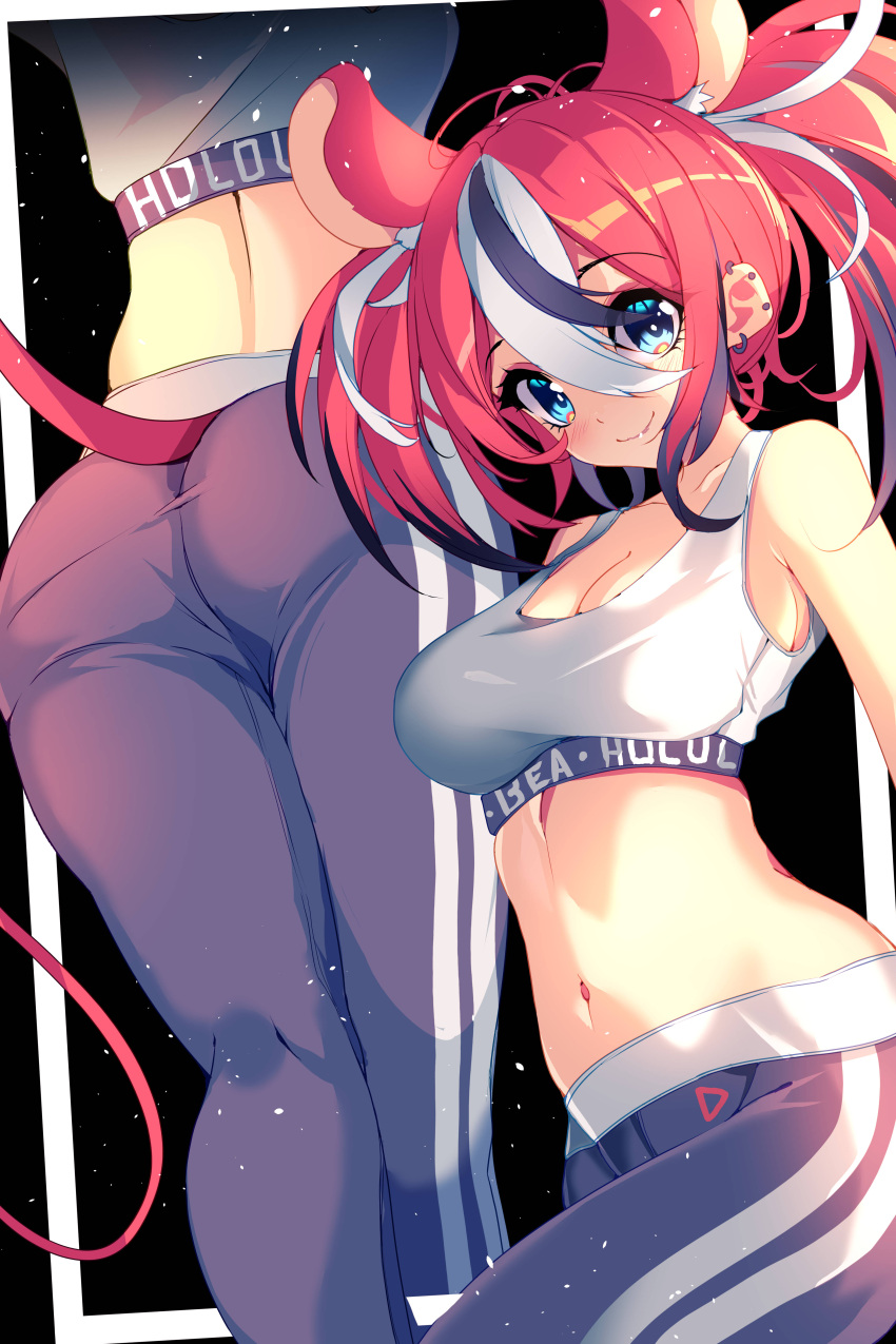 1girl absurdres animal_ears ass blue_eyes breasts cleavage crop_top earrings hakos_baelz highres hololive hololive_dance_practice_uniform hololive_english jewelry looking_at_viewer medium_breasts mouse_ears mouse_girl mouse_tail multicolored_hair multiple_views pants piercing red_hair smile stomach streaked_hair tail tank_top the0neulost twintails virtual_youtuber white_tank_top yoga_pants