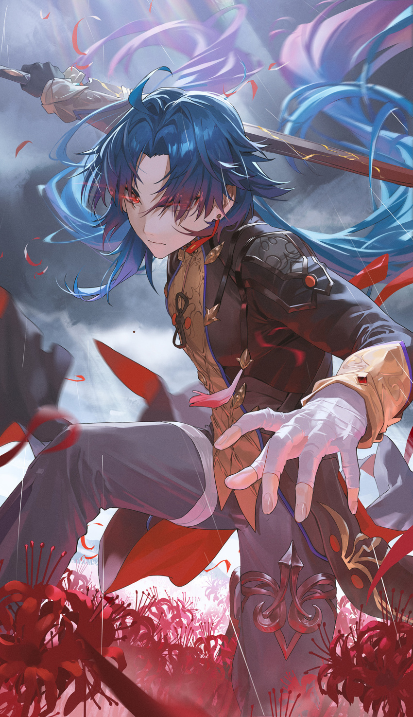 1boy bandaged_hand bandages blade_(honkai:_star_rail) bright_pupils chinese_clothes dark_green_hair earrings fighting_stance flower hair_over_one_eye highres holding holding_sword holding_weapon honkai:_star_rail honkai_(series) jewelry long_hair long_sleeves looking_at_viewer male_focus red_eyes solo spider_lily sword ttk_(kirinottk) weapon