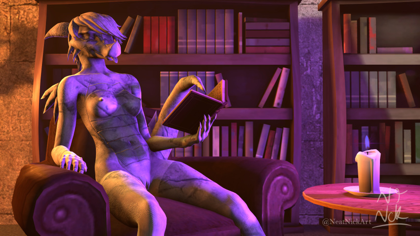 3d_(artwork) anthro book bookshelf breasts candle colored_fire digital_media_(artwork) dragon female fire furniture genitals hi_res inside neatnick nipples petrification purple_fire pussy reading scalie sitting small_breasts smile solo source_filmmaker tongue tongue_out