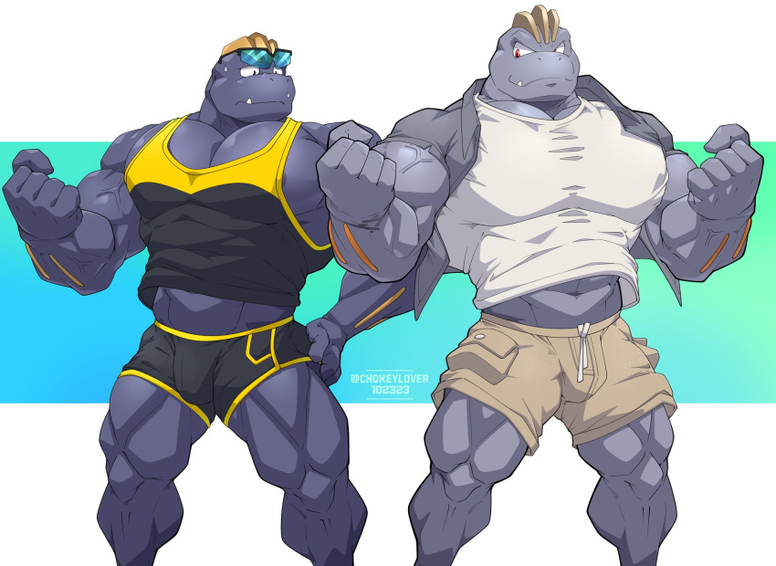 biceps clothed clothing duo eyewear eyewear_on_head flint_steel generation_1_pokemon hi_res humanoid machoke maldu male male/male muscular muscular_humanoid muscular_male nintendo pokemon pokemon_(species) ryuji_kaiyo sunglasses sunglasses_on_head vein veiny_muscles